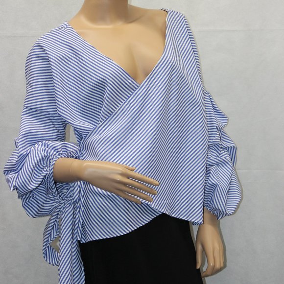 Forever 21 Blue & White Stripe Wrap Blouse NWOT - Picture 1 of 10
